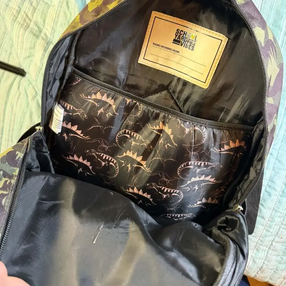 Schoolyard Vibes Dino Camo Kids Backpack with Dinosaur Skeleton Interior Lining